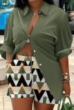 Army Green Casual Print Patchwork Turndown Collar Long Sleeve Two Pieces Blouse Tops And Shorts Sets