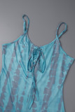 Blaue, süße, rückenfreie, überkreuzte Träger-Jumpsuits mit Spaghettiträgern und normalem Aufdruck
