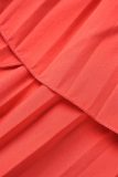 Rose Red Casual Solid Patchwork Fold Mesh O Neck Half Sleeve Two Pieces