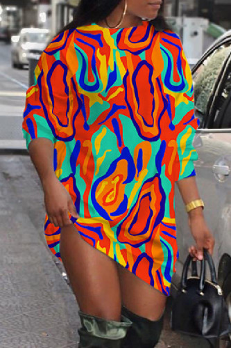 Tangerine Red Casual Print Basic O Neck Long Sleeve Dresses