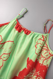 Gele casual print patchwork backless spaghettibandje A-lijn jurken