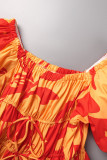 Red Casual Print Backless Fold Strap Design U Neck A Line Dresses