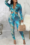 Cyan Casual Print Patchwork Buttons Turndown Collar Long Sleeve Two Pieces