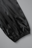 Noir Élégant Solide Patchwork Tirer Corde Pli Oblique Col Une Étape Jupe Plus La Taille Robes
