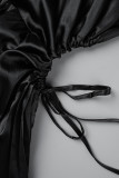 Noir Élégant Solide Patchwork Tirer Corde Pli Oblique Col Une Étape Jupe Plus La Taille Robes