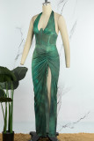 Green Street Print Draw String Backless High Opening Halter Onregelmatige jurkjurken