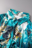 Cyan Casual Print Patchwork Buttons Turndown Collar Long Sleeve Two Pieces