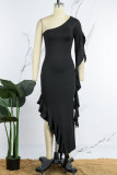 Negro sexy casual sólido volante cuello oblicuo vestido irregular vestidos