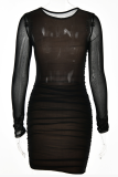 Vestidos de falda envueltos con cuello en O de malla con pliegues transparentes de patchwork sólido sexy negro