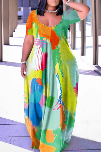Green Casual Print Basic V Neck Short Sleeve Dress Dresses