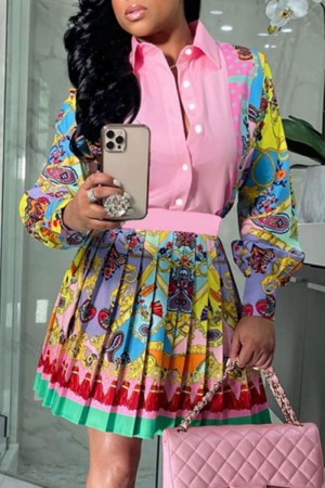 Pink Casual Print Patchwork Pleated Shirt Collar Long Sleeve Two Pieces
