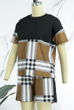 Khaki Casual Plaid Print Patchwork O Neck Short Sleeve Two Pieces