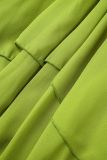 Green Elegant Solid Fold Mesh Oblique Collar Irregular Dress Dresses