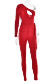 Rote, sexy, solide, ausgehöhlte, schmale Jumpsuits mit Patchwork-Frenulum und schrägem Kragen