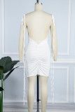 Vestidos de tirantes de espagueti con diseño de correa de pliegue sin espalda sólido sexy blanco