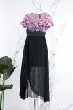 ブルーブラックカジュアルプリントパッチワークOネック半袖ドレスドレス