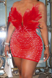 Rote, sexy, formelle Party-Etuikleider mit heißem Bohren und durchsichtigen Perlenstickereien und V-Ausschnitt