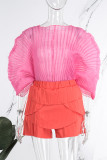 Rose Red Casual Solid Patchwork Fold Mesh O Neck Half Sleeve Two Pieces