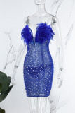 Vestidos formais de festa azul sexy com decote em V translúcido transparente