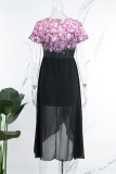 Черное фиолетовое повседневное платье в стиле пэчворк с круглым вырезом и коротким рукавом Платья Платья