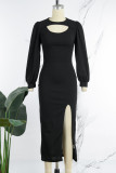 Zwarte elegante effen uitgeholde jurken met slit O-hals omwikkelde rok