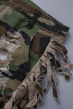 Camuflagem Casual Estampado Camuflado com Borla Patchwork Skinny Cintura Alta Shorts Convencional (Sujeito ao Objeto Real)