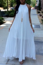 ホワイト カジュアル ソリッド 小帯 プリーツ O ネック ロング ドレス ドレス