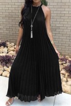 Черные повседневные однотонные длинные платья с уздечкой и плиссировкой с круглым вырезом