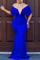 Blaue, sexy, formelle, solide, rückenfreie Abendkleider mit V-Ausschnitt
