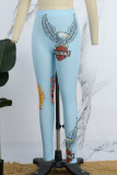 Hellblaue, lässig bedruckte Basic-Hose mit normaler, hoher Taille und Bleistiftpositionierungsdruck