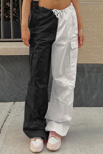 Black White Color Lump Pocket Contrast Loose Mid Waist Straight Patchwork Bottoms