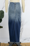 Blue Casual Gradual Change Ombre Print Patchwork High Waist Skinny Denim Maxi Skirts (Subject To The Actual Object)