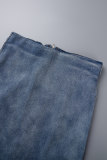 Blue Casual Gradual Change Patchwork High Waist Skinny Denim Skirts (Subject To The Actual Object)