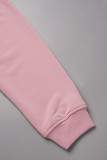 Roze zoete sportkleding print trekkoord tops met kraag en kraag