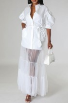 Белое повседневное однотонное платье-рубашка в стиле пэчворк с отложным воротником Платья (с поясом)