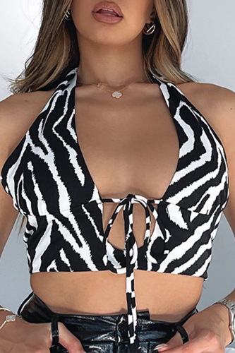 Black And White Sexy Animal Print Bandage Patchwork Backless Halter High Waist Tops