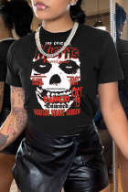 Schwarze süße Patchwork-Totenkopf-T-Shirts mit O-Ausschnitt im täglichen Aufdruck
