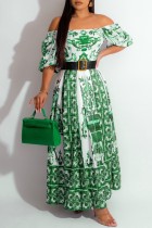 Зеленое длинное платье с открытыми плечами в стиле пэчворк в стиле кэжуал (без пояса)