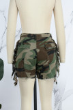 Camuflagem Casual Estampado Camuflado com Borla Patchwork Skinny Cintura Alta Shorts Convencional (Sujeito ao Objeto Real)