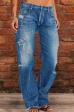Deep Blue Casual Solid Patchwork Mid Waist Regular Ripped Denim Jeans