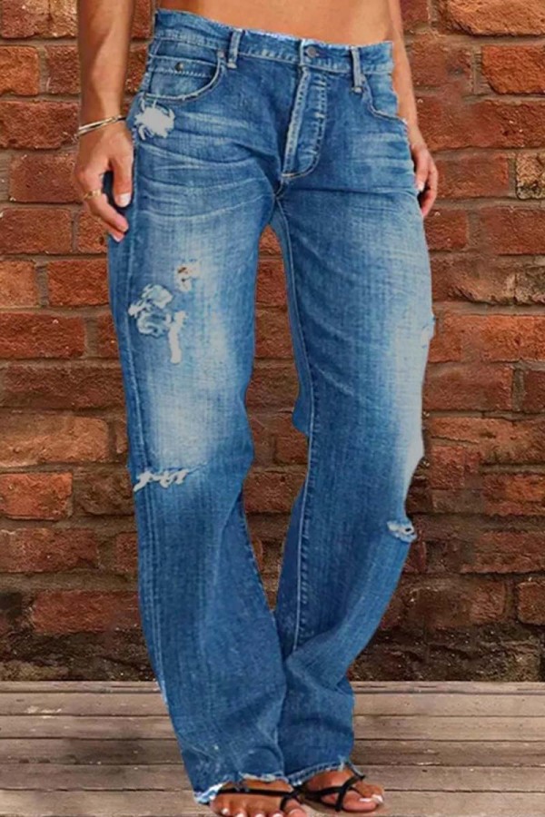 Blue Casual Solid Patchwork Mid Waist Regular Ripped Denim Jeans