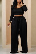 Black Casual Solid Basic O Neck Long Sleeve Two Pieces