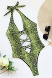 Grüner sexy Animal-Print ausgehöhlter, rückenfreier Patchwork-Badeanzug