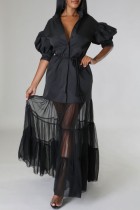 Robes de robe de chemise à col rabattu en patchwork uni décontracté noir (avec une ceinture)