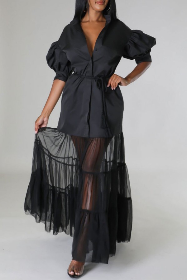 Черное повседневное однотонное платье-рубашка в стиле пэчворк с отложным воротником Платья (с поясом)