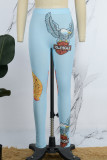 Голубые классические повседневные брюки с принтом в стиле кэжуал с высокой талией и принтом-карандаш