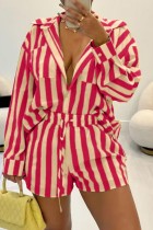 Rose Red Casual Striped Print Patchwork Turndown Collar Long Sleeve Two Pieces