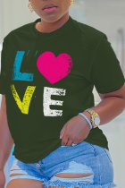 Armeegrüne süße Patchwork-T-Shirts mit O-Ausschnitt im Tagesdruck