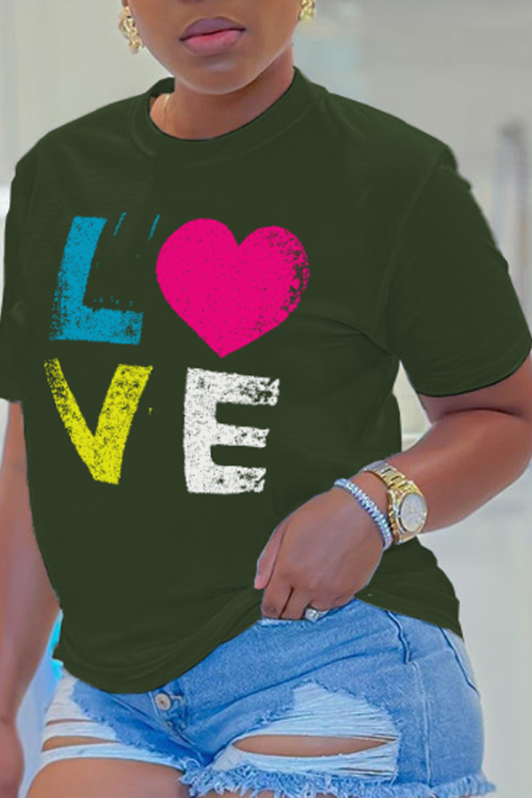 T-shirt con scollo a O patchwork con stampa giornaliera dolce verde militare