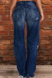 Ljusblå Casual Solid Ripped Patchwork Mid Waist Regular Denim Jeans